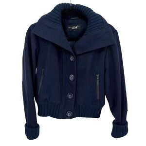 White Rivet Women's PL Jacket Navy Wool Blend Bomber W Knit Collar Cuffs